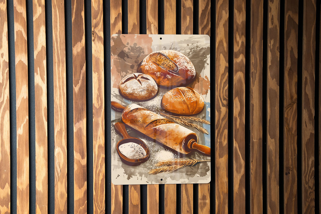 a painting of bread on a wooden wall