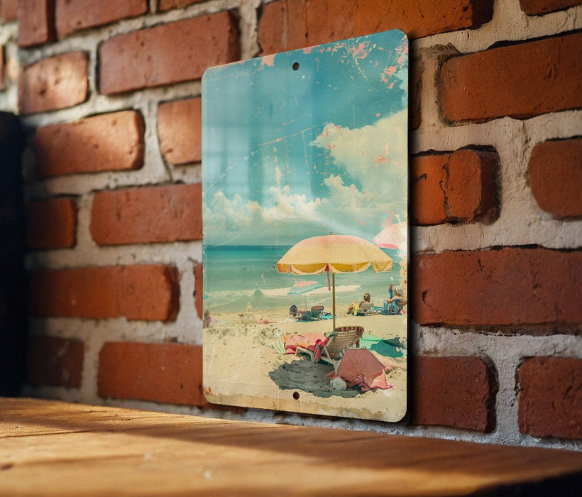 a picture of a beach umbrella on a brick wall