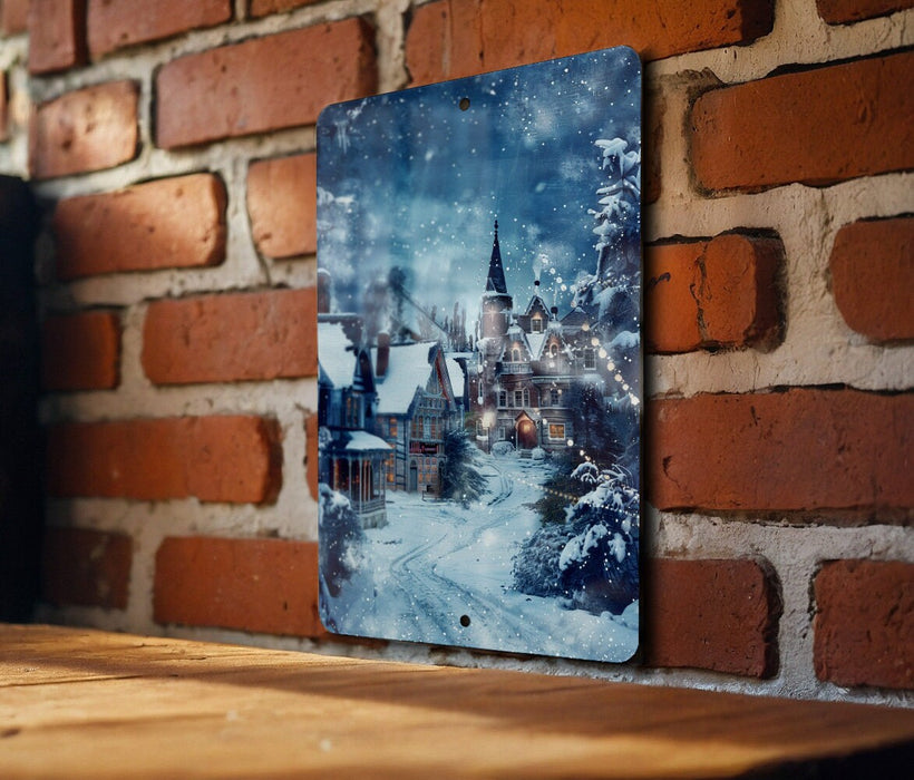 a picture of a snowy village on a brick wall