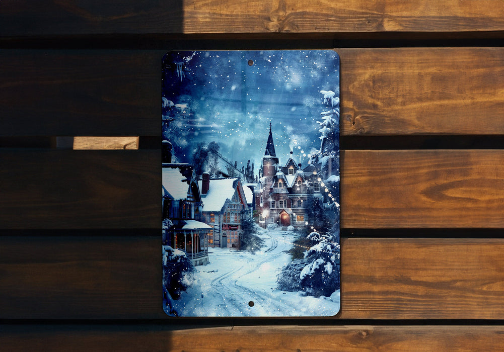 a wooden bench with a picture of a town on it