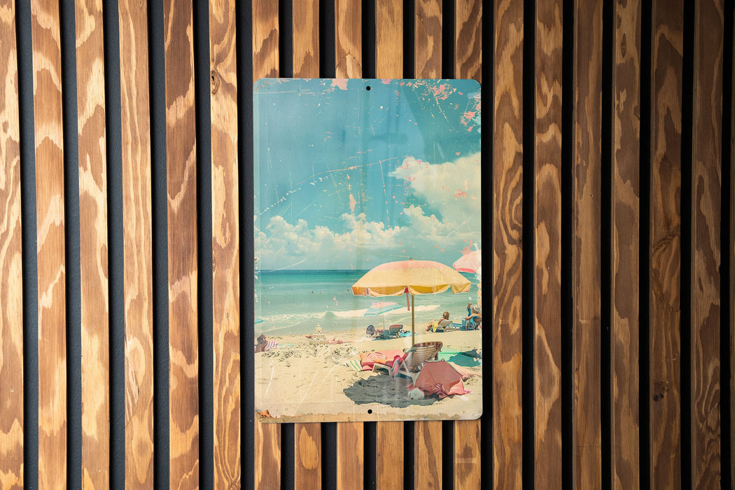 a picture of a beach with a yellow umbrella