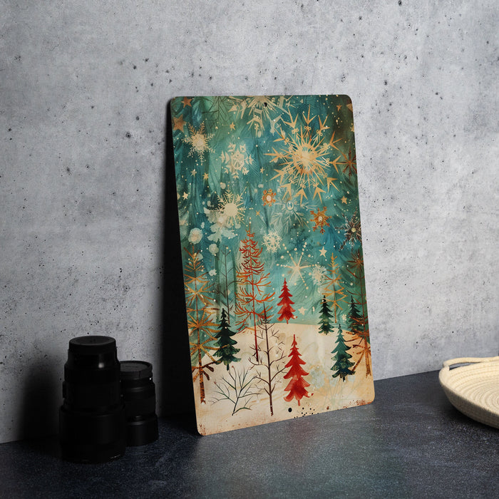 a painting on a table next to a pair of binoculars