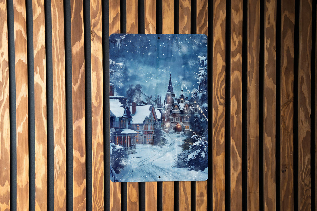 a wooden wall with a picture of a town on it
