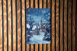a wooden wall with a picture of a town on it