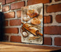 a picture of bread on a plate on a brick wall