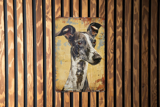 a painting of a dog on a wooden wall