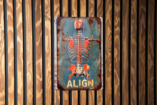 a sign on a wooden wall with a skeleton on it