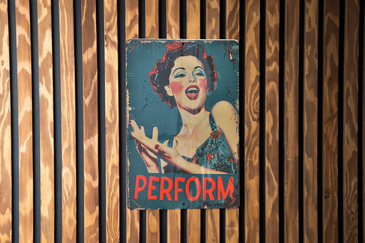 a sign on a wooden wall that says perform