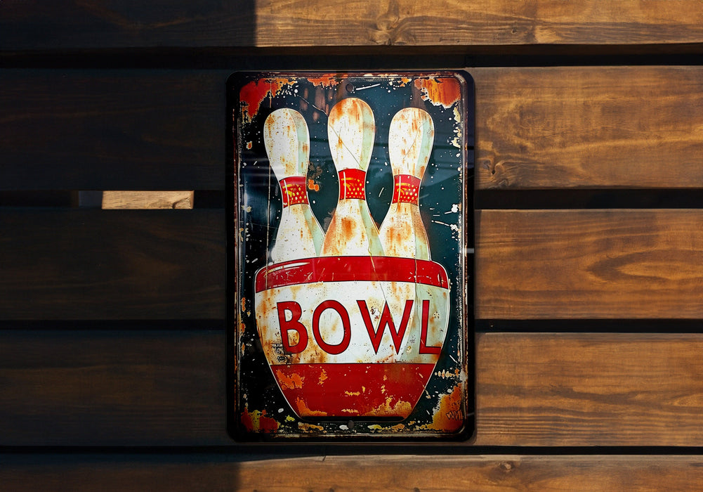 a bowling pin sign on a wooden wall