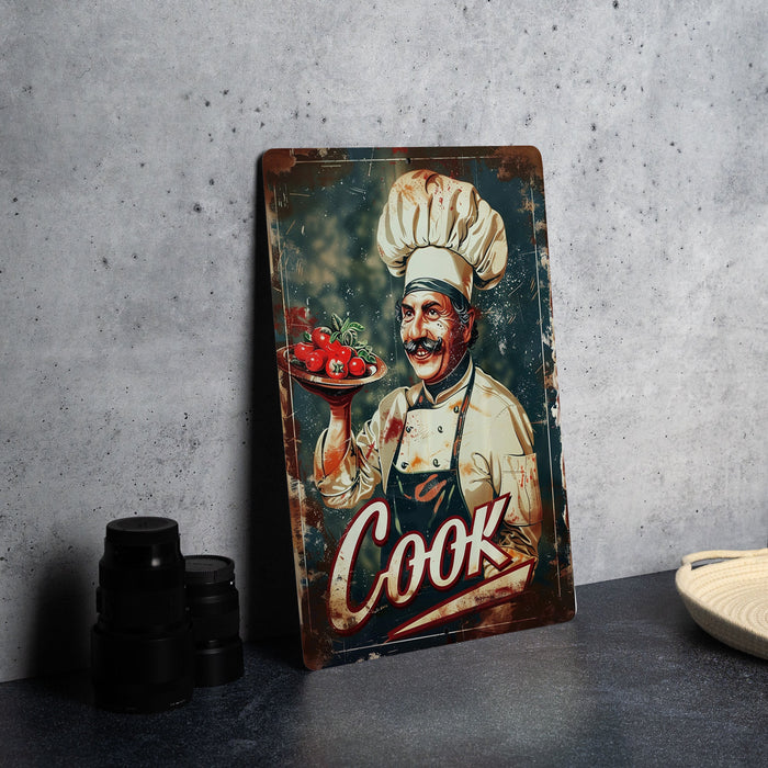 a metal sign with a picture of a chef holding a tray of food