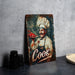 a metal sign with a picture of a chef holding a tray of food
