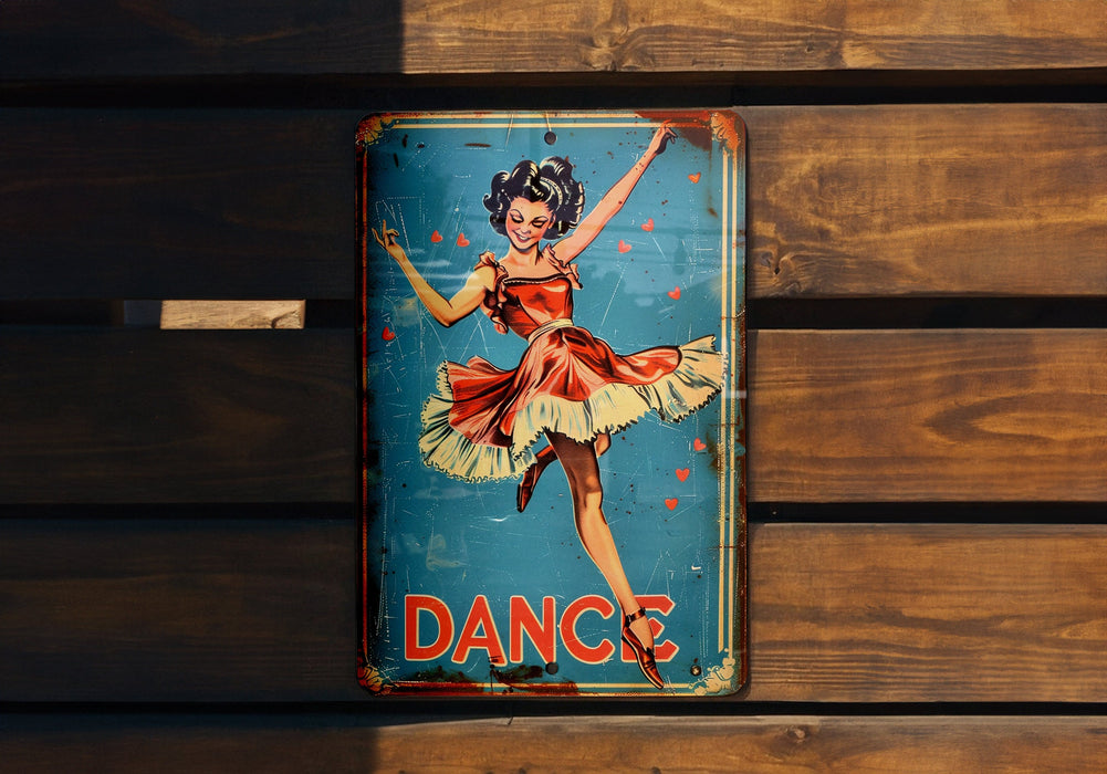a tin sign with a woman dancing on it