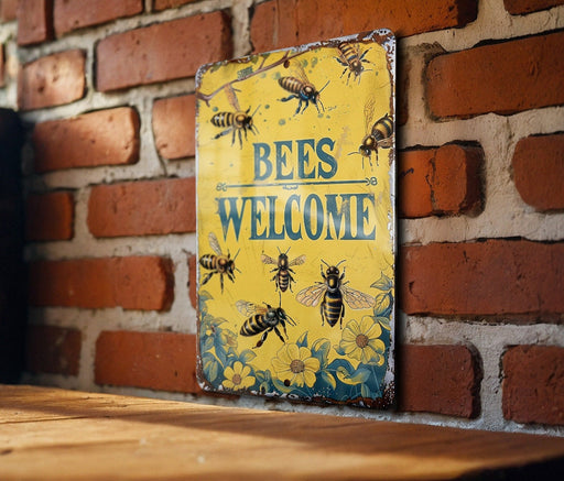 a sign on a brick wall that says bees welcome