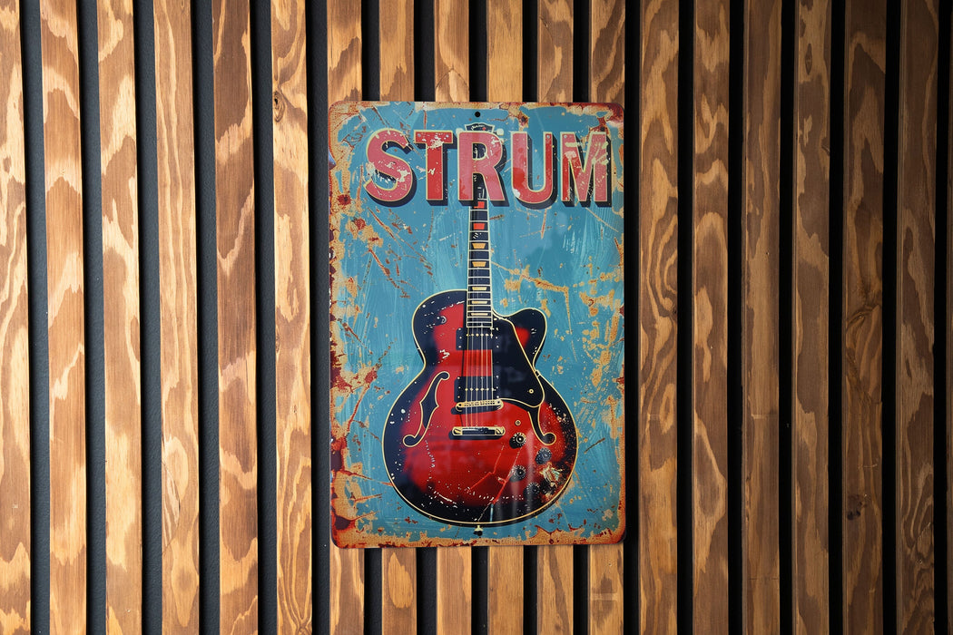 a red and blue guitar on a wooden wall