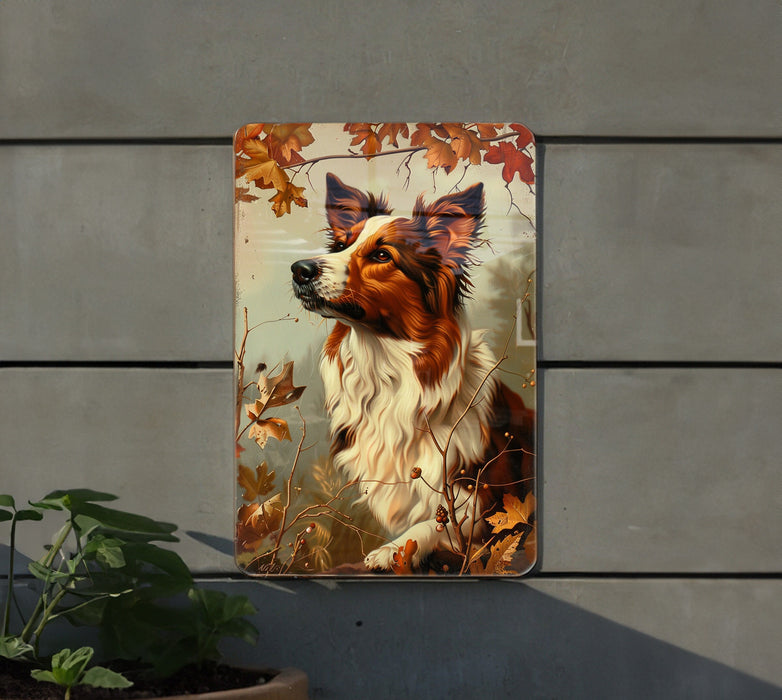 a picture of a dog is hanging on a wall
