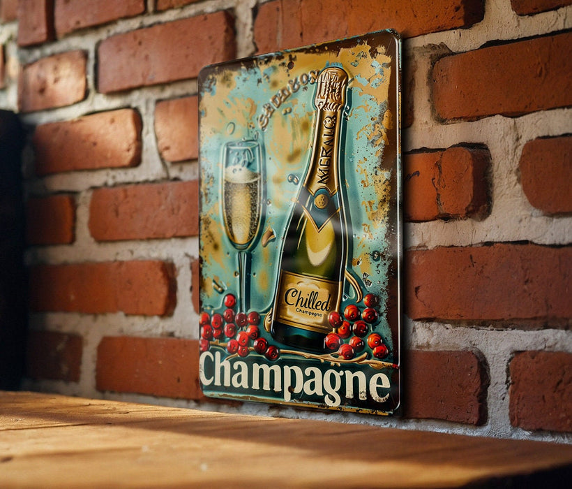 a picture of a champagne sign on a brick wall
