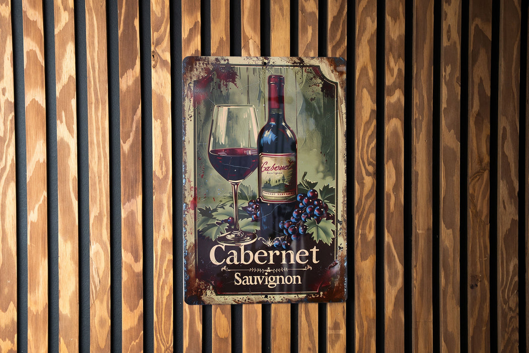 a sign on a wooden wall with a bottle of wine and a glass of wine