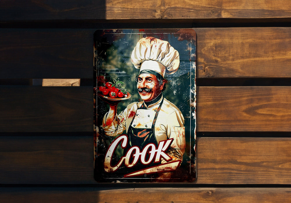 a metal sign with a picture of a cook on it
