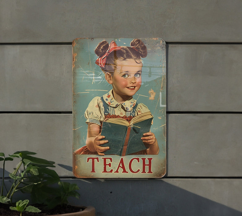 a metal sign with a picture of a girl reading a book
