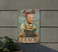 a metal sign with a picture of a girl reading a book