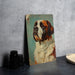a painting of a dog on a table next to a plate