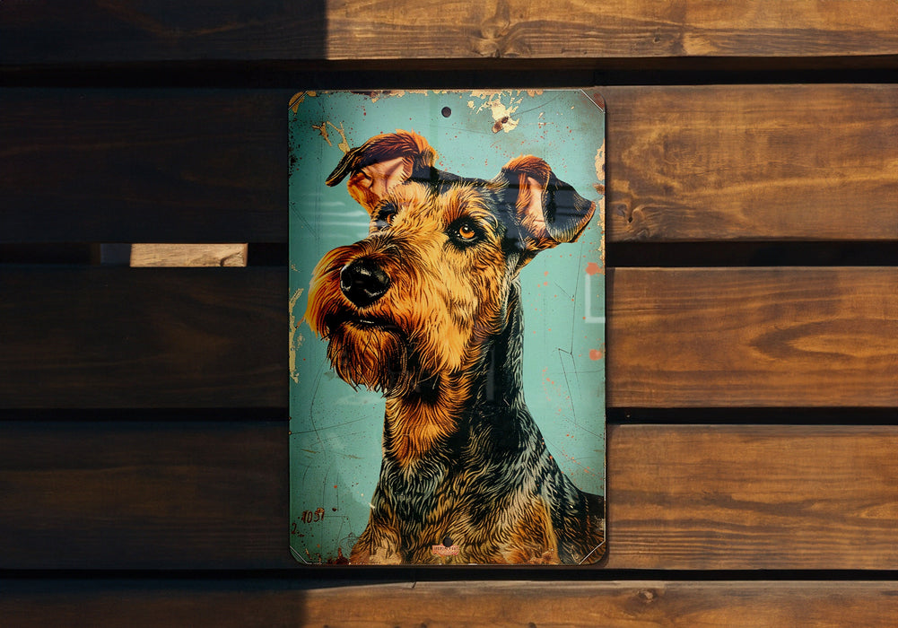 a picture of a dog on a wooden bench