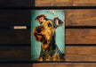 a picture of a dog on a wooden bench