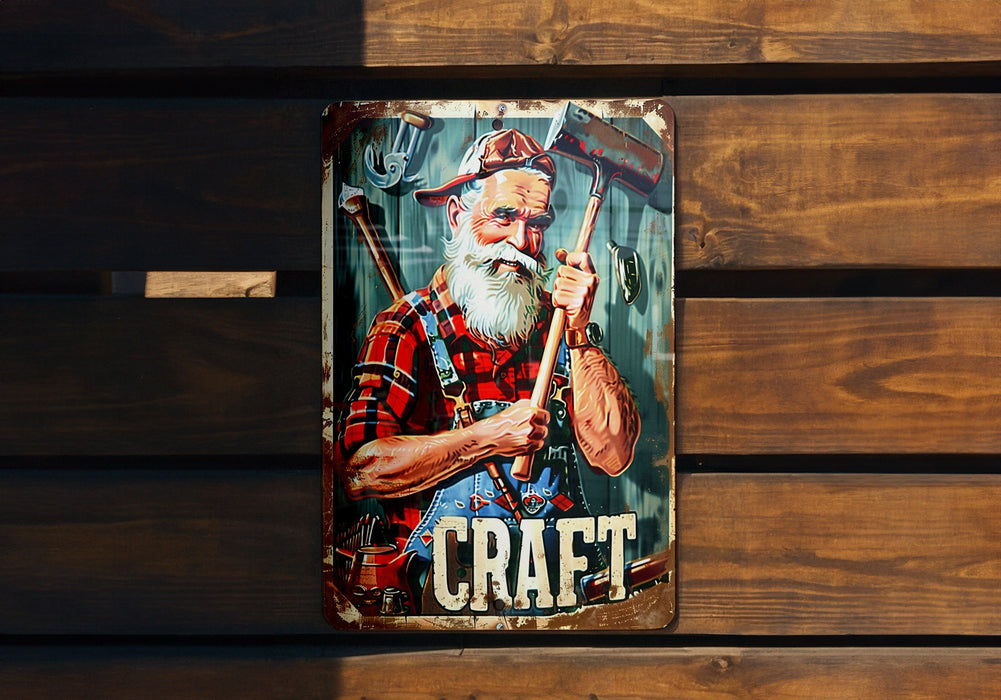 a picture of an old man holding a hammer