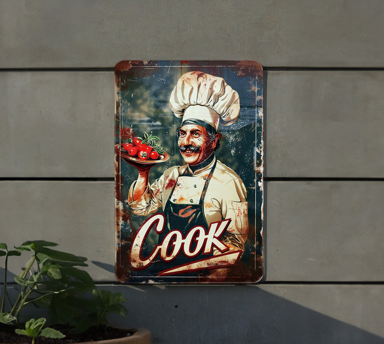 a sign with a chef holding a plate of food
