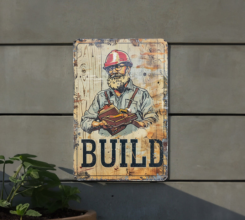 a sign on the side of a building that says build