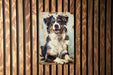 a painting of a dog on a wooden wall