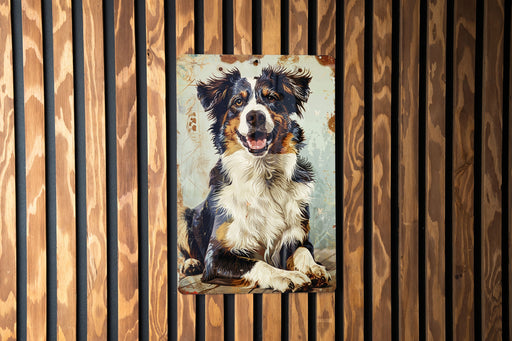 a painting of a dog on a wooden wall