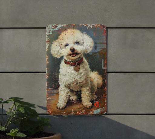 a painting of a white dog on a wall
