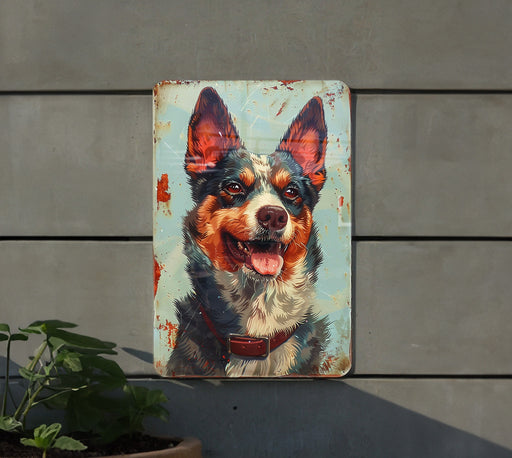 a painting of a dog on a metal sign