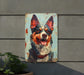 a painting of a dog on a metal sign