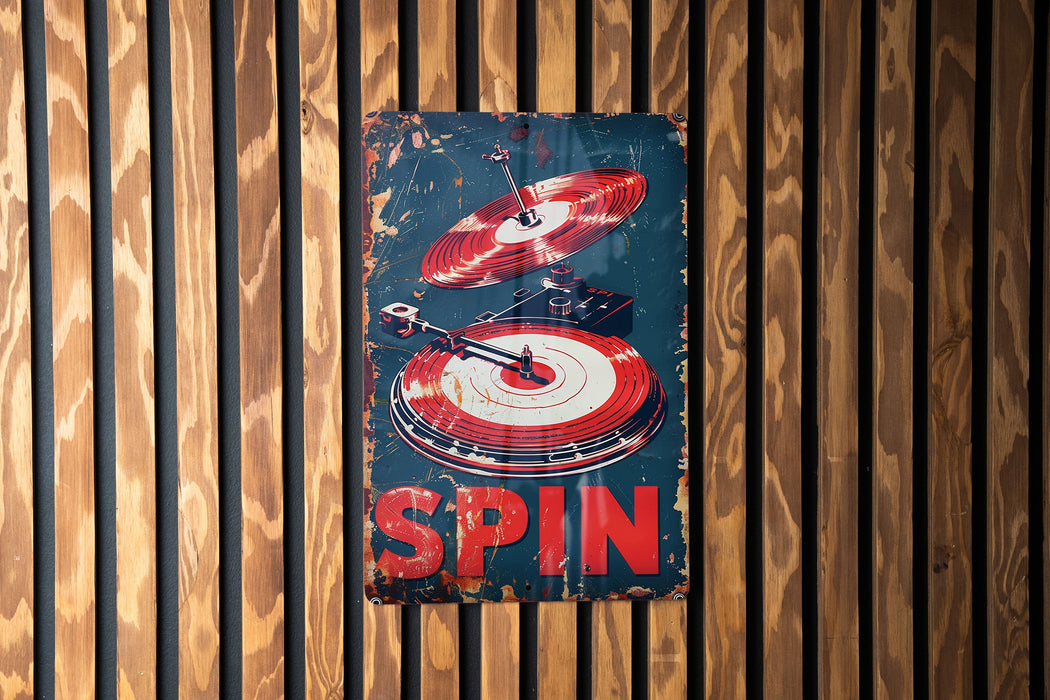 a sign on a wooden wall that says spin