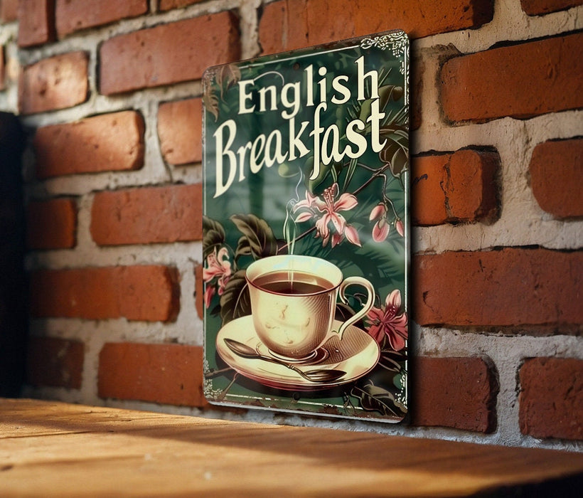 a sign on a brick wall that says english breakfast