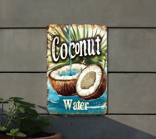 a sign that says coconut water on the side of a building