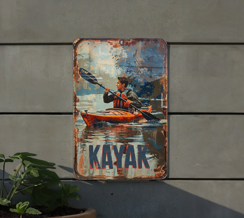 a metal sign with a man in a kayak