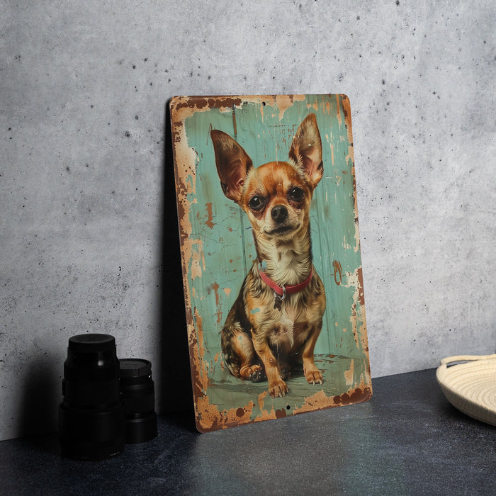 a picture of a small dog on a wooden sign