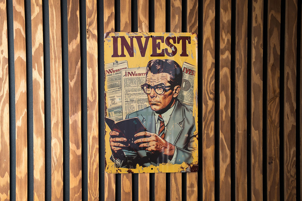a poster of a man reading a book on a wooden wall