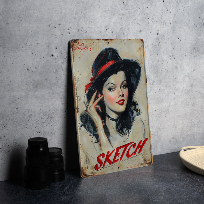 a painting of a woman with a hat on a table