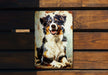 a picture of a dog on a wooden bench