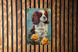 a painting of a dog on a wooden wall
