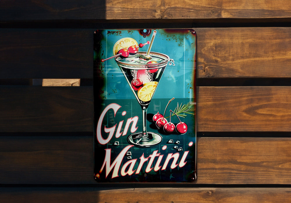 a metal sign that says gin martini on it