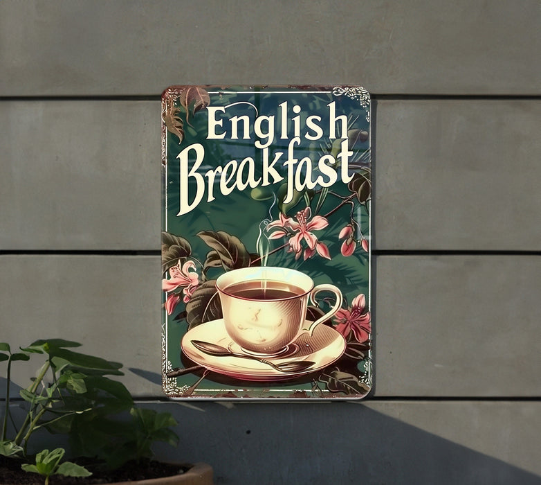 a sign that says english breakfast with a cup of coffee