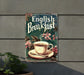 a sign that says english breakfast with a cup of coffee