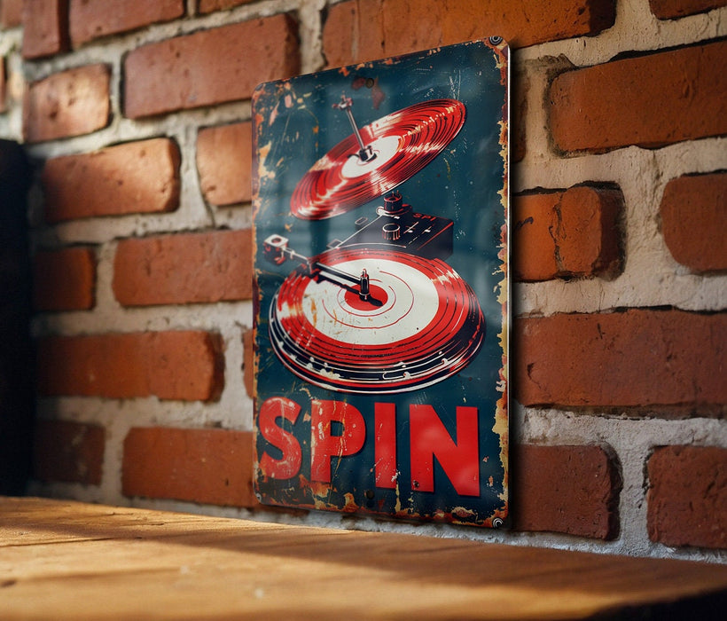 a sign on a brick wall that says spin