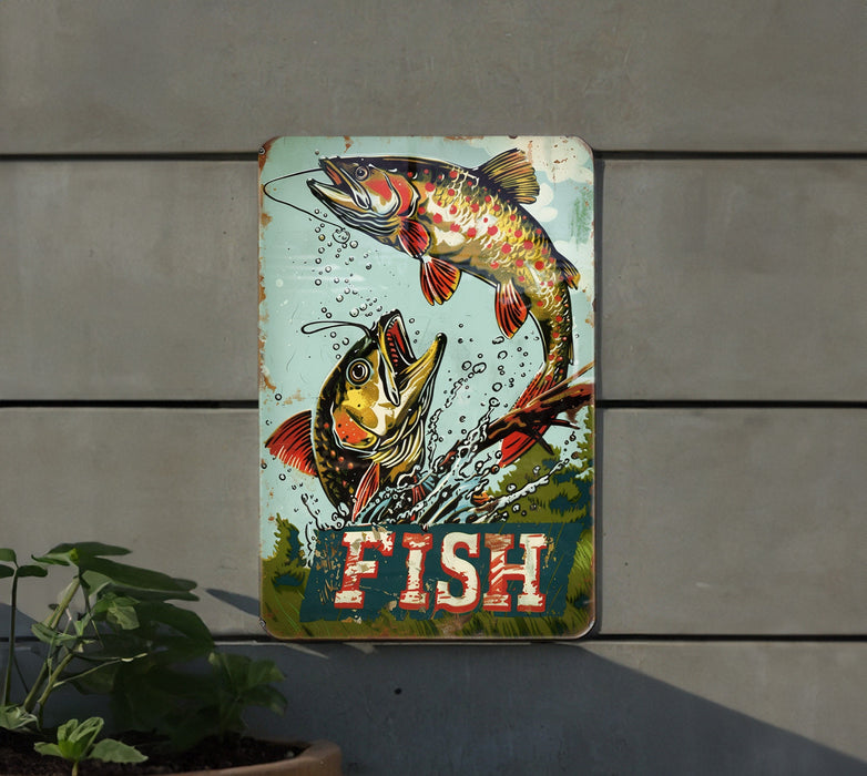 a fish sign hanging on the side of a building