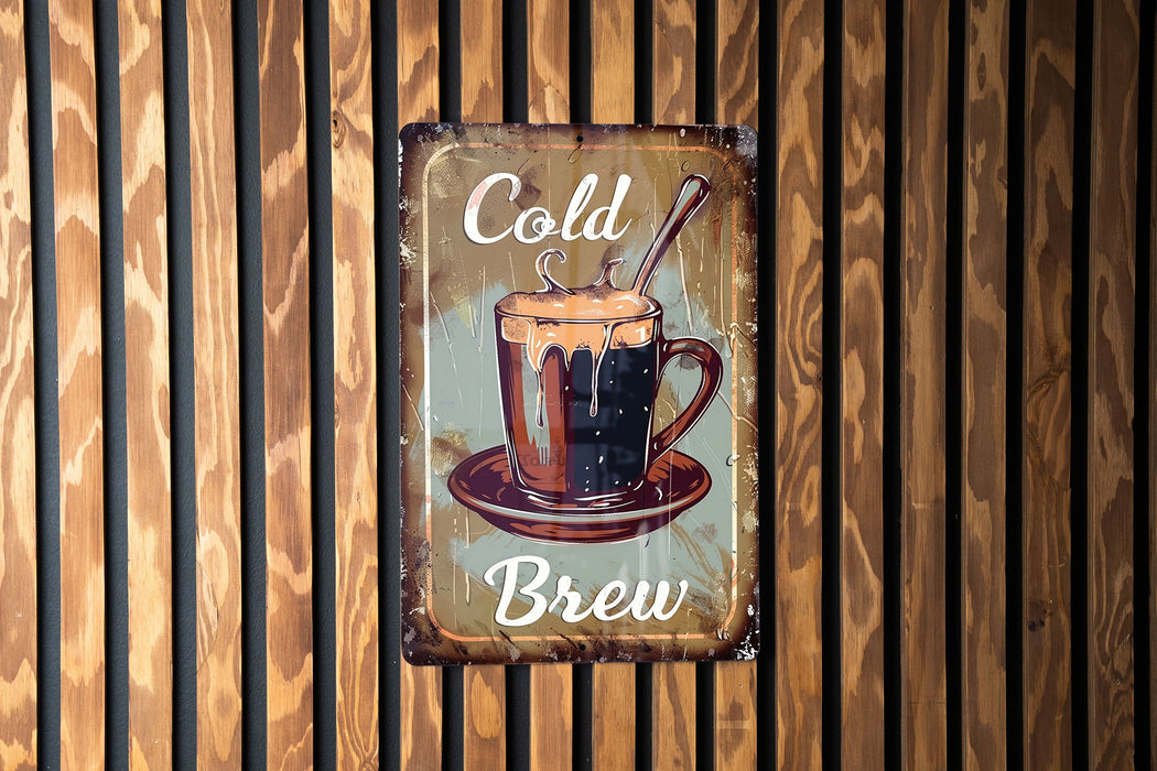 a sign on a wooden wall that says cold brew